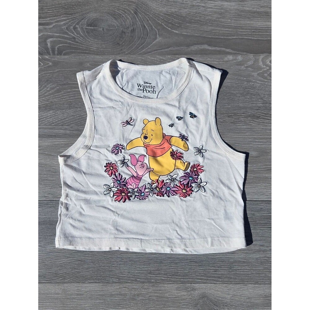 Cream Winnie the Pooh Cropped Tank Top with Floral Print